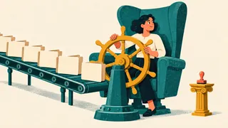 A person steers from an oversized captain's chair while an unused approval stamp stands on a pedestal.