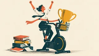 An office worker celebrates on a stationary bicycle with a trophy while unfinished folders sit beside it.