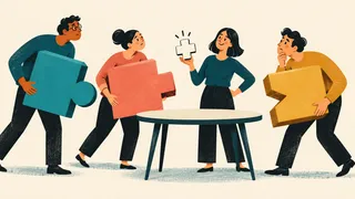 Three colleagues bring mismatched puzzle pieces to a table while another holds a small connecting piece.