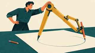 A person guides an oversized drafting compass across a sheet of paper.