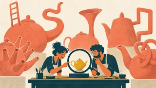 Two people inspect a small practical teapot beside several comically unusable oversized designs.