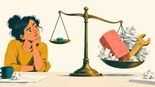 A person compares a tiny token with a heavy pile of revisions and repair tools on a balance scale.