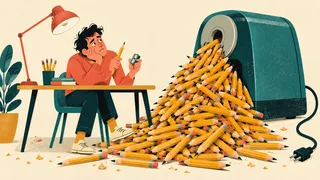 A person sharpens one pencil by hand beside an unplugged electric sharpener and a huge pile of finished pencils.