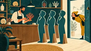 A shopkeeper presents an object to cardboard customers while a real customer peeks through the doorway.