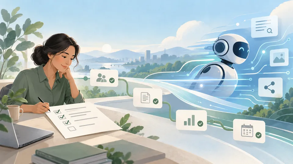 An HR professional reviews a workflow checklist beside flowing AI-assisted work pathways.