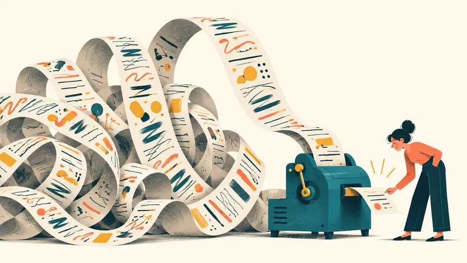 A person collects a concise note from a small teal machine as a long ribbon of paper curls into it.