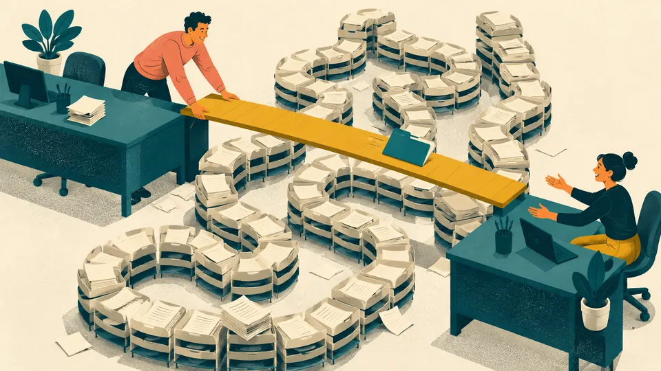 Two colleagues bridge a winding maze of document trays with a straight yellow plank between their desks.