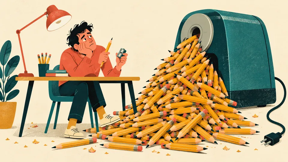 A person sharpens one pencil by hand beside an unplugged electric sharpener and a huge pile of finished pencils.