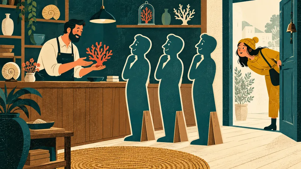 A shopkeeper presents an object to cardboard customers while a real customer peeks through the doorway.