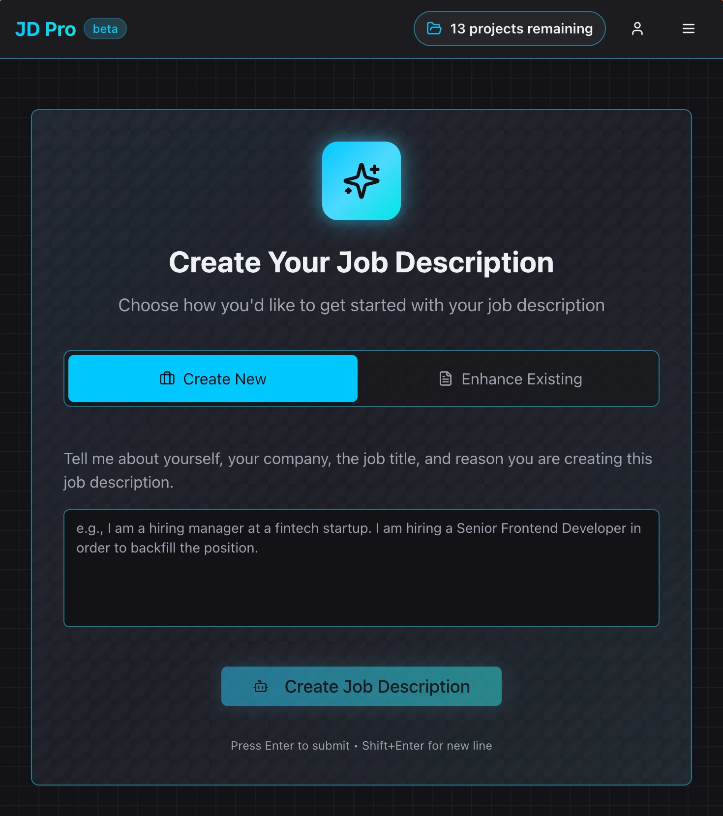 JD Pro job creation interface showing AI-powered form